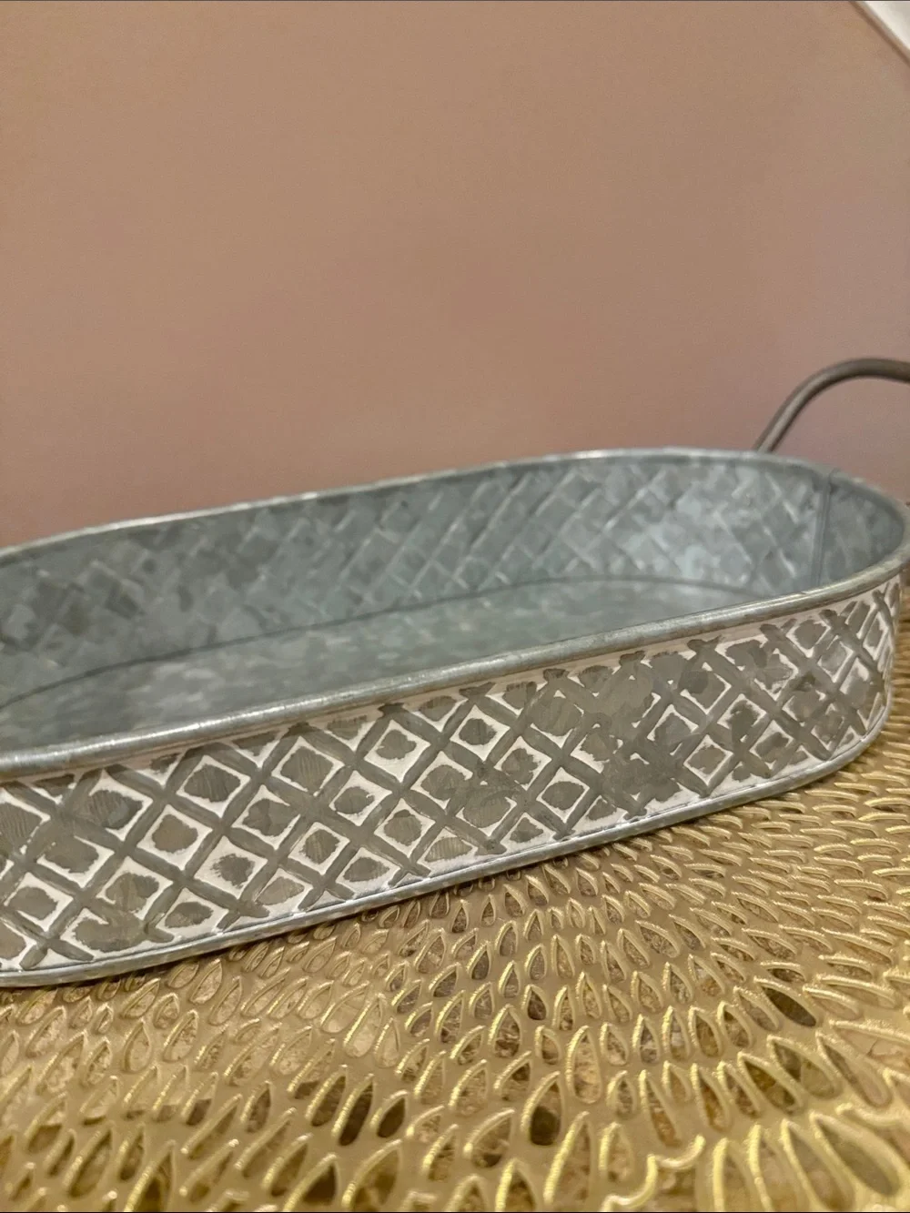 Galvanized Metal Oval Serving Tray with Handles